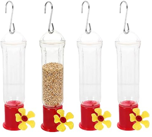 Alimentador para pájaros y moscas para exteriores – Dispensador de comida y bebedero transparente, juego de 4 comederos decorativos resistentes a hormigas y abejas, con ganchos de acero inoxidable