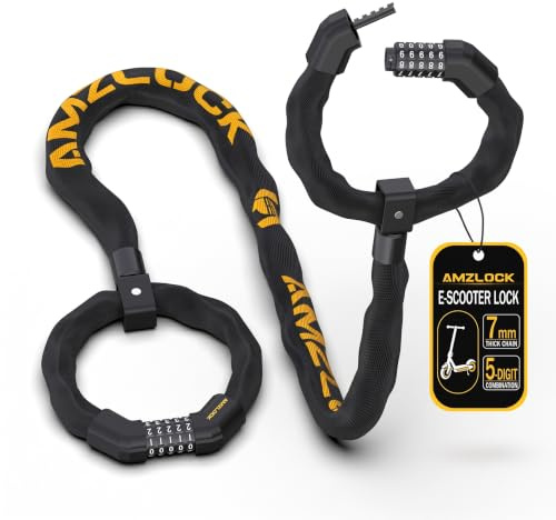 AMZLOCK Antivol Trottinette Electrique, Cadenas Vélo avec Code à 5 Chiffres | Cadenas Robuste pour Trottinette Électrique, Chaîne de 7 mm / 91 cm, Antivol à Chaîne avec Deux Serrures pour Vélos et Motos