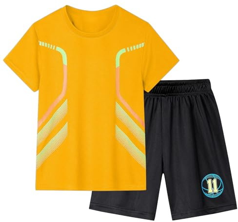 Generico Completo Estivo Ragazzo Athletic Maglietta Manica Corta Elasticizzata E Pantaloncini Corti Elasticizzati Traspirante per Sport Outdoor Gioco per Bambini 8-14 Anni