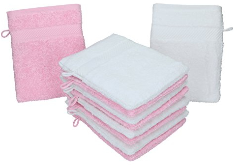 Betz Waschhandschuhe Palermo 10 Stück 16x21 cm – 100% Baumwolle 360g/m² – Weiche Frottee Waschlappen – Pflegeleicht & saugstark – Farbe Weiß/Rosé