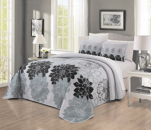 Grand Linen 3-Piece Fine Printed Oversize (115 X 95) Quilt Set Reversible Bedspread Coverlet (California) Cal King Size Bed Cover (Black, Gray, Grey Floral)