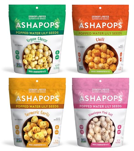 AshaPops Variety Pack Popped Water Lily Seeds - Gluten Free | Vegan | Paleo | Kosher OU| Soy Free | 1 oz | (Pack of 4 Bags)