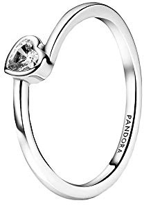 Pandora Anillo solitario con corazón ladeado transparente, talla 56