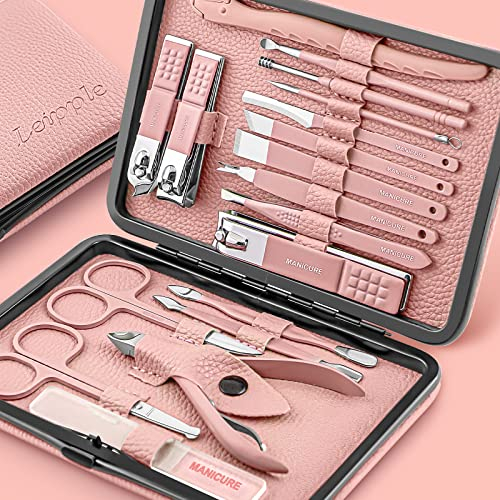 Tagliaunghie Set Professionale - Grooming Kit Strumenti per Manicure e Pedicure 18pcs con Lussuosa Custodia da Viaggio in Pelle (Rosa)