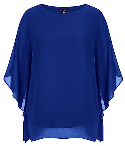 Hanna Nikole Womens Plus Size Cold Shoulder Chiffon Blouse Batwing Sleeves Loose Flowy Tunic Königsblau 50-52