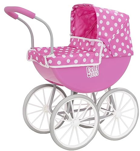 Dolly Tots My First Carriage Dolls Pram in Pink | Classic English-Style Pushchair with White Wheels & Matching Bedding | Traditional Toy Stroller for Kids | Premium Doll Pram for Girls Ages 3+