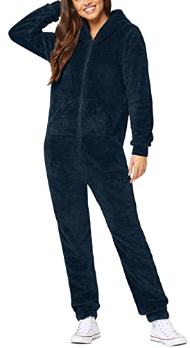 Duohropke - Jumpsuit da donna invernale caldo, pigiama a maniche lunghe invernale in pile per adulti, tuta intera in pile di peluche, tuta termica foderata, tuta da notte invernale in un pezzo, 1 blu