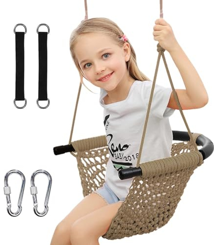 ROPECUBE Hand-Knitting Toddler Swing, Swing Seat for Kids with Adjustable Ropes, Little tikes Swings Set, for Outdoor Indoor, Playground, Backyard (Light Brown)