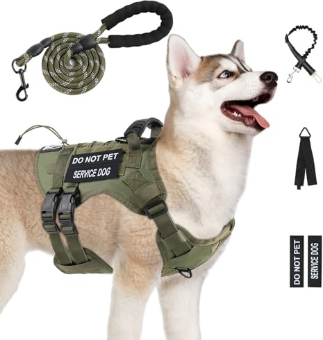 Yungaspy No Pull Tactical Dog Harness for Large Dogs, Escape Proof Molle Dog Vest Harness and Leash Set, Adjustable Military Service Dog Harness with Handle for Medium Large Dogs(Green, M)