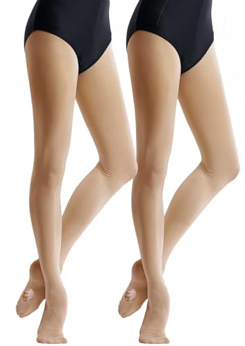 Daydance Nudie Girls Ballet Convertible Tights Soft Stirrup Leggings for Dance, Gymnastics, Under Dress, 60D, 2 Packs