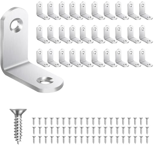 Rostfritt stål L-format hörnstöd, 30 x 30 mm gemensam rätvinkelfäste, 90 graders hörnkontakter med 60 st skruvar för hyllor, möbler, trä (30 st 30 × 30 × 16 mm)
