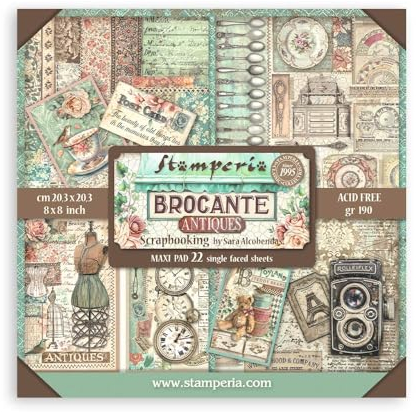 Stamperia - Scrapbook Paper Pad for Scrapbooking, Albums, Card Making, Bullet Journalling and More, Acid Free, Single Face, Perfect for Hobbies, Crafts, and Gifting (Brocante Antiques) (20.3 x 20.3cm)
