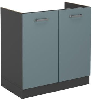 Vicco Spülenunterschrank R-Line, Küchenunterschrank für die Spüle, Blau-Grau/Anthrazit, 80 cm, AP Eiche