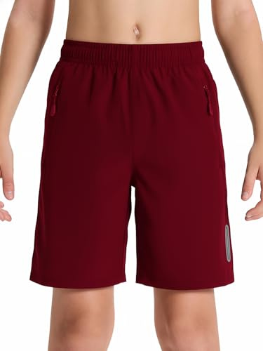 DEVOROPA Youth Boys Athletic Running Shorts Lightweight Quick Dry Sports Workout Gym Hiking Shorts Zip Pockets UPF 50+ Wine Red L