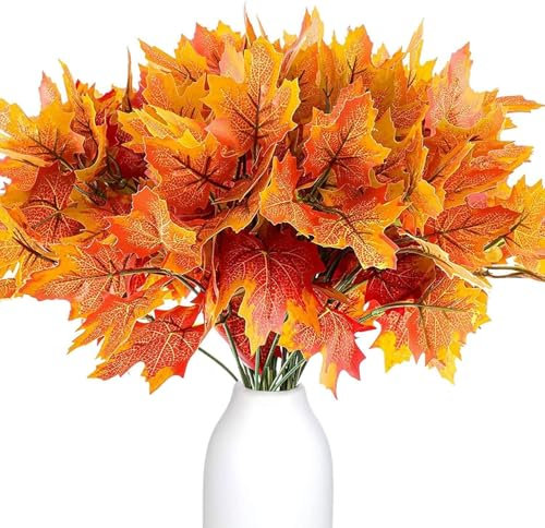 Lot de 4 paquets de fleurs d'automne artificielles - Décoration d'automne - Feuilles d'érable - Simulation d'automne en plastique - Bouquet d'automne artificiel - Feuilles d'érable pour Thanksgiving,
