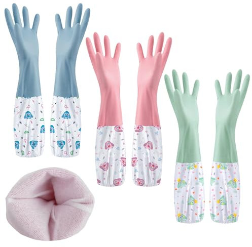 SHAIDOJIO 3 Pairs Washing up Gloves - 46cm Long Rubber Cleaning With Lining, Waterproof Household for Kitchen, Bathroom, Laundry, Gardening - 3 Colors