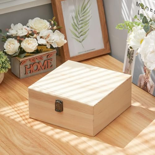 Warmiehomy Small Wooden Box with Lid 22.5 x 22.5 x 10cm Unpainted Plain DIY Handmade Wooden Storage Box for Photo Letters Stamps Gift Jewelry Treasure Memory Keepsake