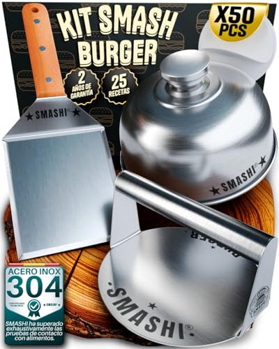 SMASHI® Kit Smash Burger Professionale in Acciaio Inox 304 Certificato Contatto Alimenti UE | Pressa Hamburger + Spatole con Manico in Legno + Accessori | Include 25 Ricette (Esperto)