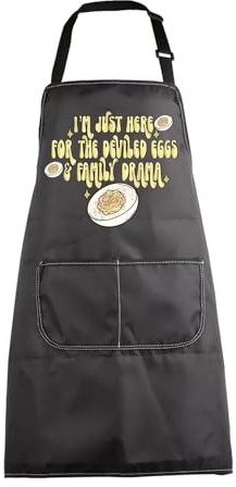 MBMSO Sarcastic Apron Here for Deviled Eggs & Family Drama Funny Cooking Apron Humor Gifts Kitchen Bib Apron with Pockets (Deviled Eggs-b)