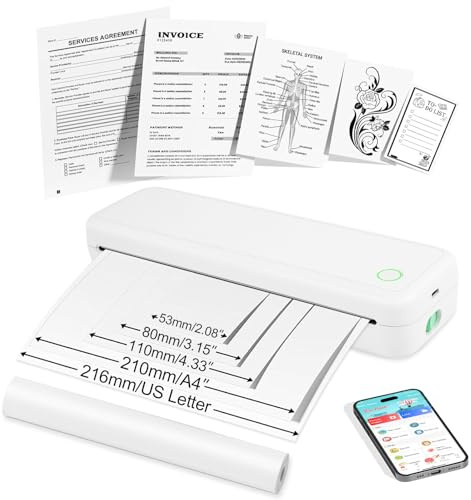 HNCY Stampante Portatile A4, Stampante Termica Compatibile con iPhone/PC/USB, iOS/Android, Stampante inkless via Wireless Bluetooth, Supporta Carta Termica 216/210/110/80/53mm, 300DPI - Bianco