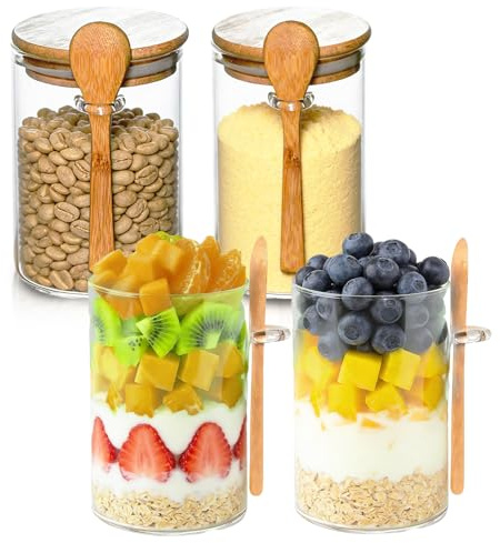 aichilra Set da 4 Barattoli Vetro con Coperchio Ermetico e Cucchiaio 600ml – Barattoli Sale Zucchero Caffè in Vetro Borosilicato, Barattolo Sale Grosso e Fino per Cucina, Spezie, Biscotti e Cereali