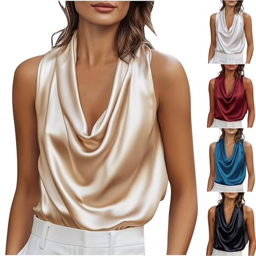 Débardeur Satin Femme Champagne Blouse Haut En Satin Chic Et Élégant Débardeur À Col Bénitier T-Shirt Couleur Unie Tank Top Chemise Sans Manche Vetement Funky Haut Décontracté Pour Mariage Travail
