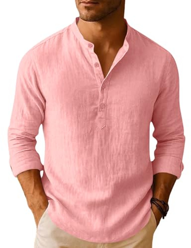 Camisa de Lino de algodón de Manga Larga para Hombre Henley Camisas Informales de Verano Camisa Cuello Mao con Botones T-Shirt de Playa Hawaiana para Aire Libre