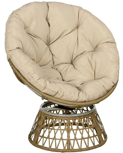 Outsunny Fauteuil papasan en rotin, Chaise Relax Ronde résine tressé, Fauteuil pivotant à 360° avec Coussin rembourré Ø 98 cm, intérieure ou extérieure, mobilier de Jardin, Balcon, Patio, Salon, Kaki
