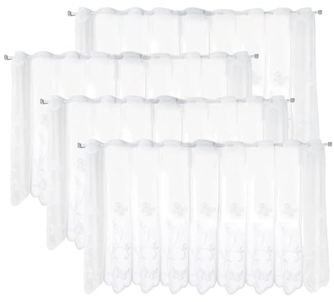 YNNHUDEEP Fönstergardiner, bistrogardin, modern, set om 4, 130 x 45 cm, korta dörrar, halvtransparent fönstergardin för kök, vardagsrum, ogenomskinlig med spetsmönster, vit