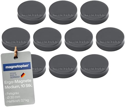 magnetoplan Ergo-Magnete, Large | ØxH 30x8mm | 10 Stück, Felsgrau | Haftkraft von 0,7 kg | Für Kühlschrank, Whiteboard, Magnettafel