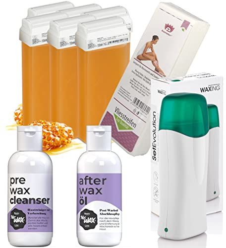 Kosmetex Wachsset Honig | 6x Wachspatronen I 1x Wachserhitzer I 1x Pre Reiniger Mr. Wax I 1x After Wax I 100x Vliesstreifen Set | Alles Drin
