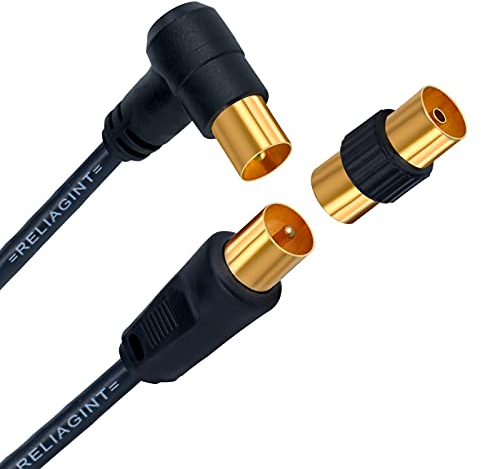 RELIAGINT TV Aerial Cable 3m – Pure Copper TV Coaxial Cable with Dual Shielding for Strong Signal – Straight or Right-Angle – Female-to-Female Adaptor Included – Fire-Resistant Aerial Connectors