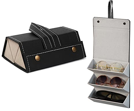 Sunglasses Organizer PU Leather Eyeglass Case Multiple Slot Glasses Box for Home Storage Outdoor Use，Glasses Storage Box，Sunglasses case，Glasses display storage box,multiple glasses case（Black）