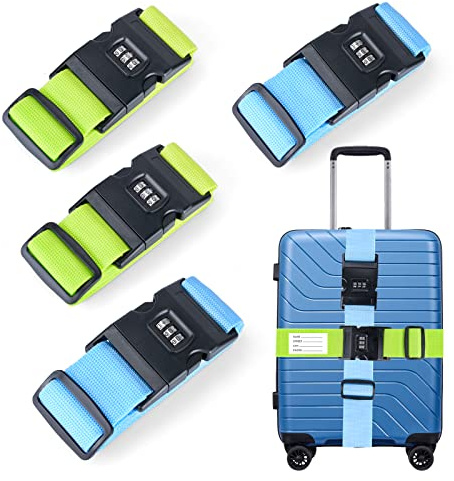 Sangle de Bagage 4 Pièces Sangle Valise Réglables avec Mot De Passe Etiquette D'Identification, Voyage Accessoires Réglables pour Fermeture Sécurisée