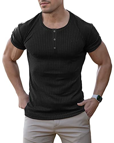 Agilelin Camiseta Algodón Hombre,Camisas Casual Manga Corta,Henley Corte Ajustado músculo(Negro/S)