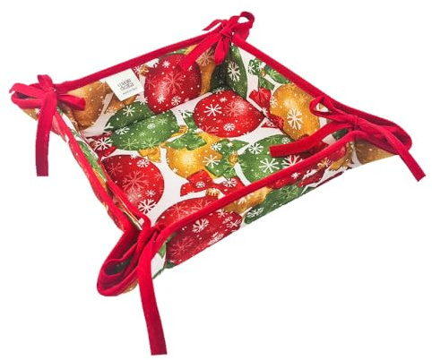 MAGIE DI CASA Cestino Portapane Natalizio Christmas, Imbottito, Quadrato cm 20x20 (Sfere)