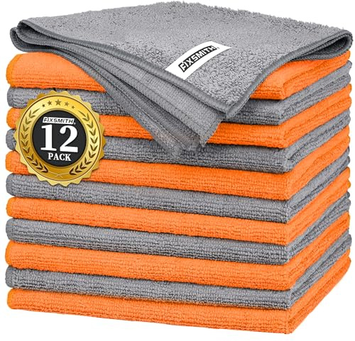 FIXSMITH Microfiber Cleaning Cloth -Pack of 12, Highly Absorbent Cleaning Rags(Grey&Orange), 16X12 All Purpose Cleaning Towels for Housekeeping, Kitchen, Car, Reusable Microfiber Towels