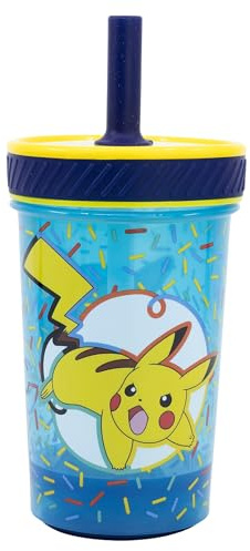 Stor Pokemon Kunststoffbecher mit Silikon-Trinkhalm, 370 ml, sturzsicher, kippsicher, auslaufsicher, für Kinder, Schule, Trinkflasche, wiederverwendbar, BPA-frei