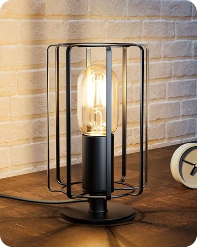 EDISHINE Industrial Table Lamp, Vintage Bedside Black Metal Cage Lamp for Living Room, Bedroom, E27 Socket, LED Bulb Included, 2400K Warm Light