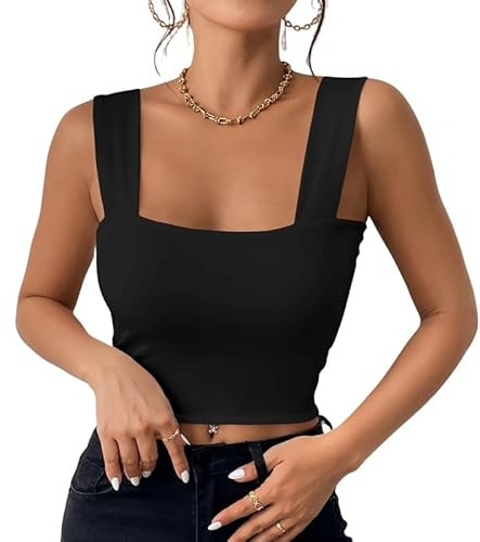 Haibang Vest Tops Women UK Sexy Square Neck Crop Tops Sleeveless Slim Fit Tank Tops Double Lined Workout Vests Summer Cami Top Fashion Going Out Tops Streetwear Black