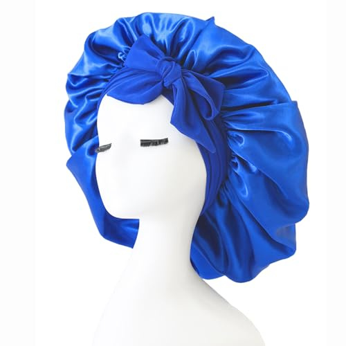 iLamvie Cuffia Seta Capelli Ricci,Silk Bonnet,con Nastri Regolabili,Berretto Da Notte Raso Elastico Per Dormire Cappello Da Notte Per Donna Berretto Da Notte Raso Per Donna Ragazza(blu)