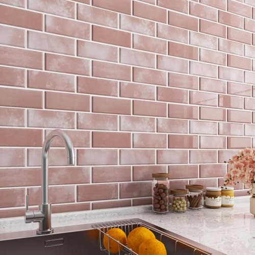 LaCheery Piastrelle Adesive Bagno Rosa Impermeabili 3D Mattonelle Adesive Cucina 4 Pezzo 30.5cm x 30.5cm Vinile Piastrelle Adesivo Muro Cucina per Bagno Soggiorno Rimovibile Adesivo Murale