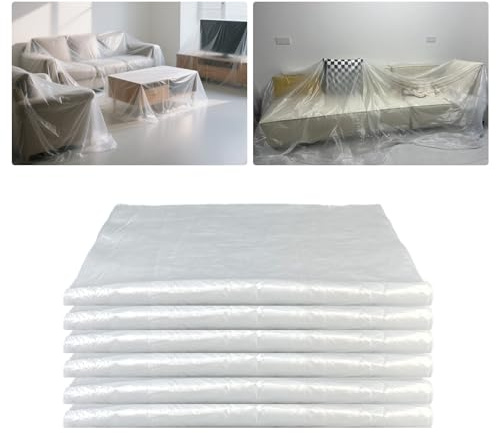 6 Pack 4 x 5M Large Plastic Dust Sheets for Decorating Clear Heavy Duty Polythene Sheeting Plastic Sheeting for Painting, Furniture, Floor Protection
