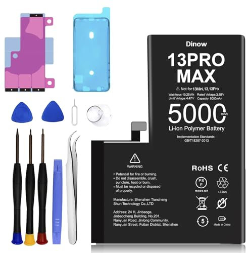 Dinow Akku für iPhone 13 Pro Max, 5000mAh hohe Kapazität Ersatzakku Set für 13 Pro Max Kompat mit Modell A2643/A2484/A2641/A2644/A2645 Lithium-Ionen-Batterie für 13Pro Max mit Reparaturwerkzeugen Kits