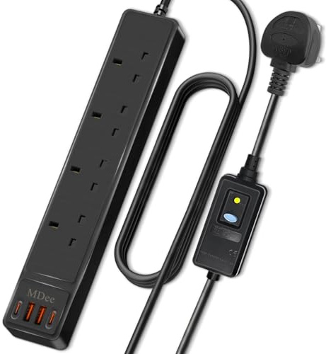 RCD Extension Lead with USB Slots, MDee 3250W 4 Gang Extension Lead, 30mA Surge Protector Plug Power Strip, PRCD Plug Extension Socket with 2M/6.56FT Extension Cable for Home Office Garage