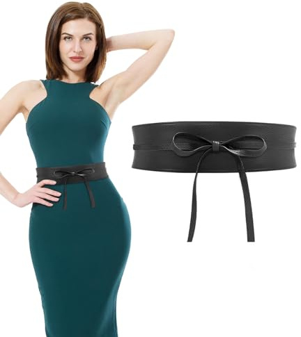 VLYX Cinturón Ancho Estilo Obi para Mujer - Piel Sintética Suave con Lazo Ajustable, Diseño Boho Retro Vintage - Ideal para Vestidos, Suéteres y Abrigos - Color Negro