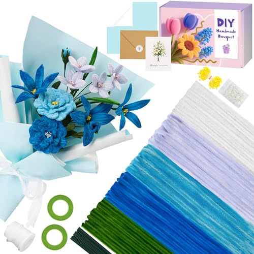 UUEMB Limpiapipas Manualidades, 400 Piezas Limpiapipas 5 Colores para DIY Flores Decoración con Tallos de Flores Cinta Adhesiva Estambres Listón Tarjeta de Felicitación Papel de Regalo (Azul)