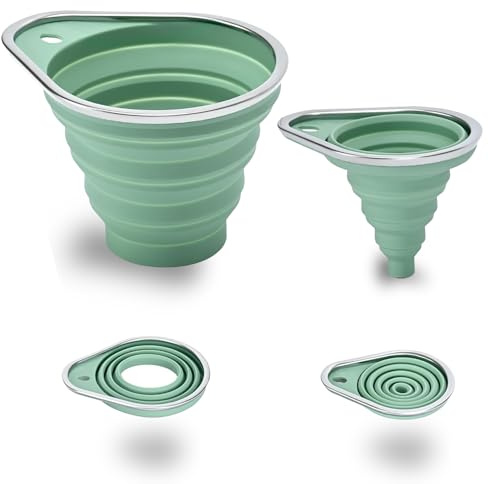 Embudos de Cocina de Silicona, 2 Piezas Embudo para Mermelada Plegables con Borde de Acero Inoxidable, Incluye Embudo Grande y Pequeño para Rellenar Botellas, Conservas e Ingredientes Secos y Líquidos