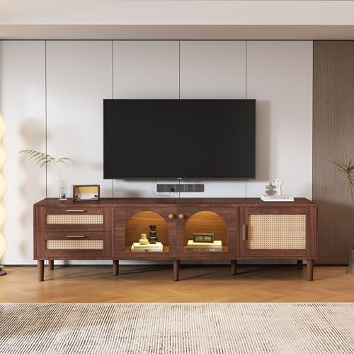 FammyLoft 180cm TV Stand Cabinet with 2 Rattan Drawers and 2 Curved Glass Doors, Long TV Unit for Living Room, TV Media Units with Storage, Modern Large Entertainment Unit TV Table, Brown