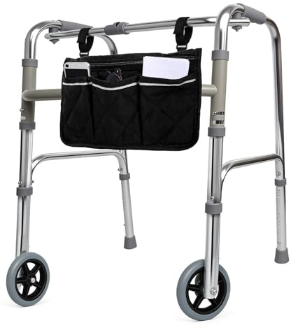 Lightweight Folding Walker for Seniors - 8-Level Height Adjustable Walker with Small Storage Bag, Elderly Walkers with Removable Wheels,Portable Walkers for Senior, 2 Wheels with Bearings, Silver